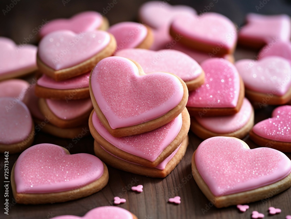 Pink heart-shaped cookies on wooden background. Valentine's Day. Pink heart-shaped cookies on wooden background. Valentine's Day.