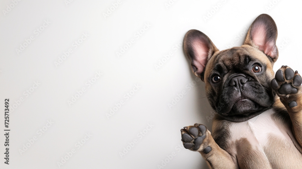 Cute french bulldog puppy, horizontal ad, laying on back, tan fawn color frenchie, looking at camera, shot from above, room for type, dog breeds, pet care, animal companionship, veterinary concepts