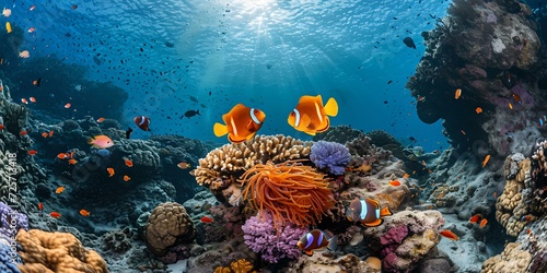Vibrant underwater seascape with colorful coral and fish. marine life ecosystem captured in a wide-angle view. nature's underwater beauty in a snapshot. serene ocean scene  AI photo