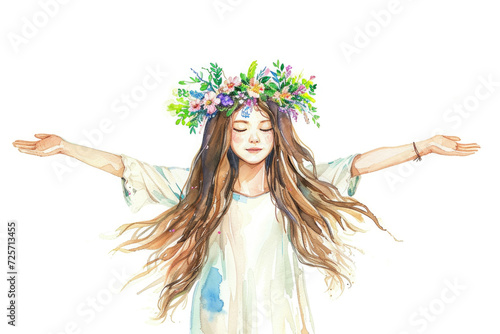 girl with arms outstretched, a flower wreath on her head, eyes closed, watercolor drawing photo