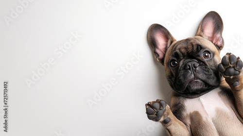 Cute french bulldog puppy  horizontal ad  laying on back  tan fawn color frenchie  looking at camera  shot from above  room for type  dog breeds  pet care  animal companionship  veterinary concepts