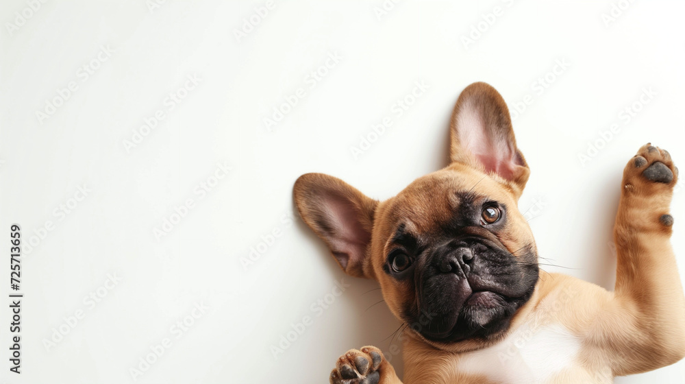 Cute french bulldog puppy, laying on back with paws up, tan fawn color frenchie, looking at camera, shot from above, room for type, dog breeds, pet care, animal companionship, veterinary, snub-nosed