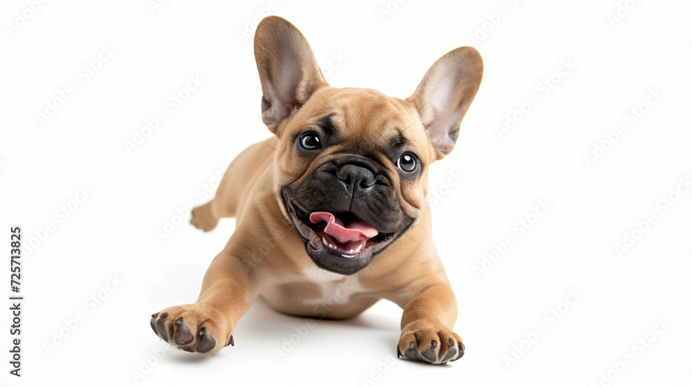 Playful french bulldog running towards camera, tan fawn color frenchie, tongue out, playing catch, action shot, room for type, dog breeds, pet care, active dog, fetching toy, isolated white background