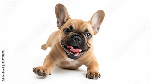 Playful french bulldog running towards camera  tan fawn color frenchie  tongue out  playing catch  action shot  room for type  dog breeds  pet care  active dog  fetching toy  isolated white background