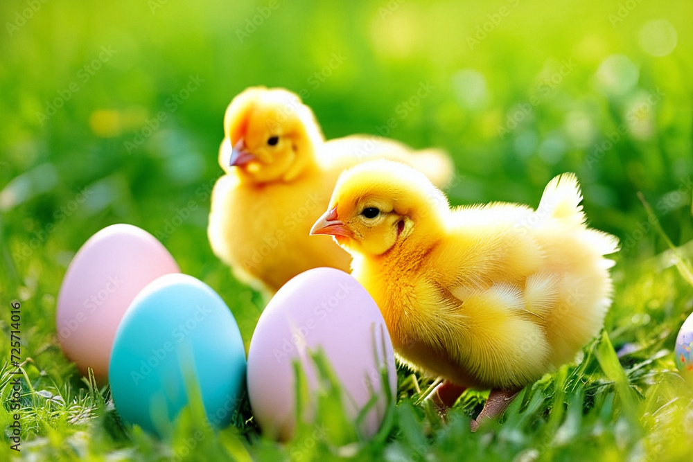 Little chickens in the meadow among Easter eggs.