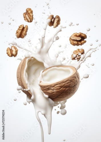 A floating open and close walnut surrounded by white milk  healthy food. Generative Ai.