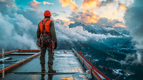 A construction worker from a construction site wearing a red helmet in the Swiss Alps