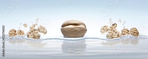 A floating open and close walnut surrounded by white milk , panorama. Generative Ai.