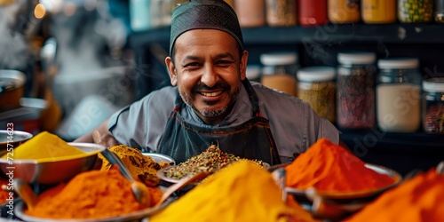 Friendly spice vendor in a colorful market. traditional cuisine ingredients on display. culinary culture and lifestyle. authentic marketplace scene. perfect for food blogs. AI