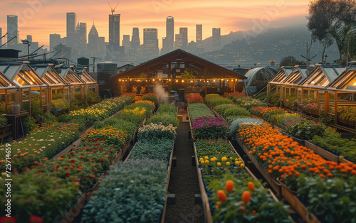 On a city rooftop, a sustainable urban farm is in full bloom. The rooftop features greenhouses made from recycled materials, an array of solar panels powers the operation,