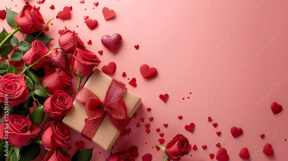 red roses and gift box with pink background, valentine day red roses and gift box with pink background, valentine day
