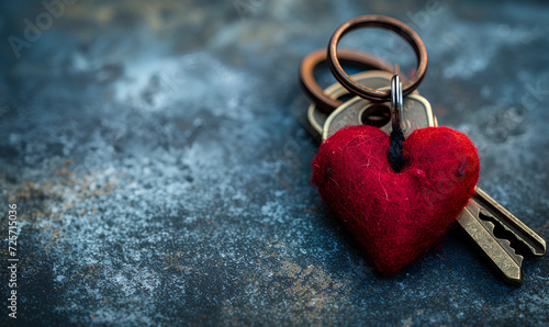 Key in the shape of a heart with a keychain on a wooden background photo