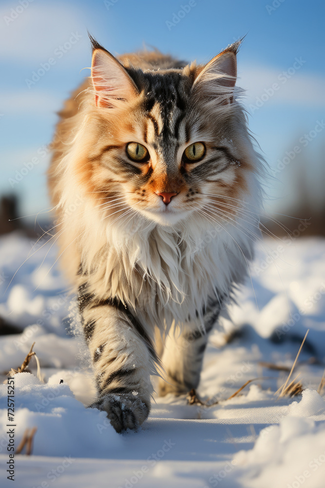 Ultra wide shot closeup of cat standing and walking snow Generative AI