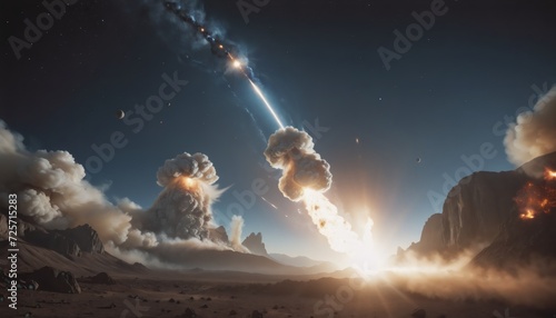 Fototapeta Naklejka Na Ścianę i Meble -  Large rock or asteroid passes through the atmosphere of planet Earth and pieces hit the Earth's surface - ai generated