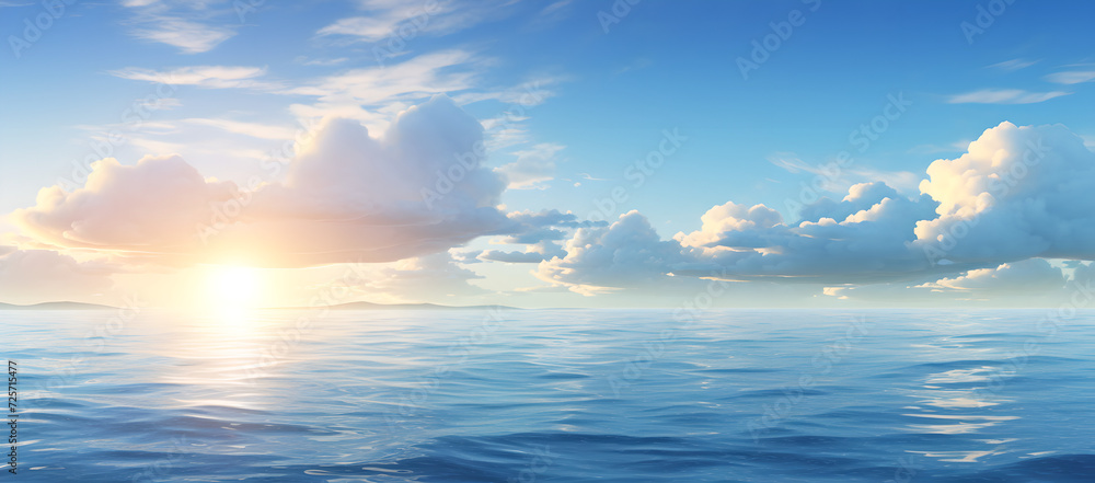 A wide horizon reveals the meeting of sky and sea in a tropical beach panorama , clouds in sky , sunlight
