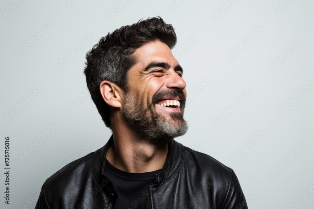 Handsome man with leather jacket laughing over grey background. Looking up. Handsome man with leather jacket laughing over grey background. Looking up.