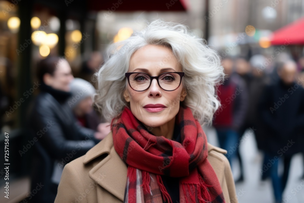 Portrait of a beautiful middle-aged woman in glasses and a red scarf on the street Portrait of a beautiful middle-aged woman in glasses and a red scarf on the street