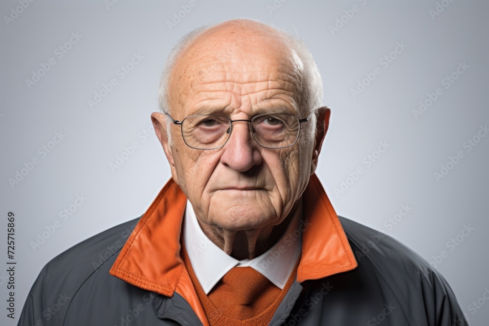 Portrait of an old man with glasses and a jacket over grey background. Portrait of an old man with glasses and a jacket over grey background.