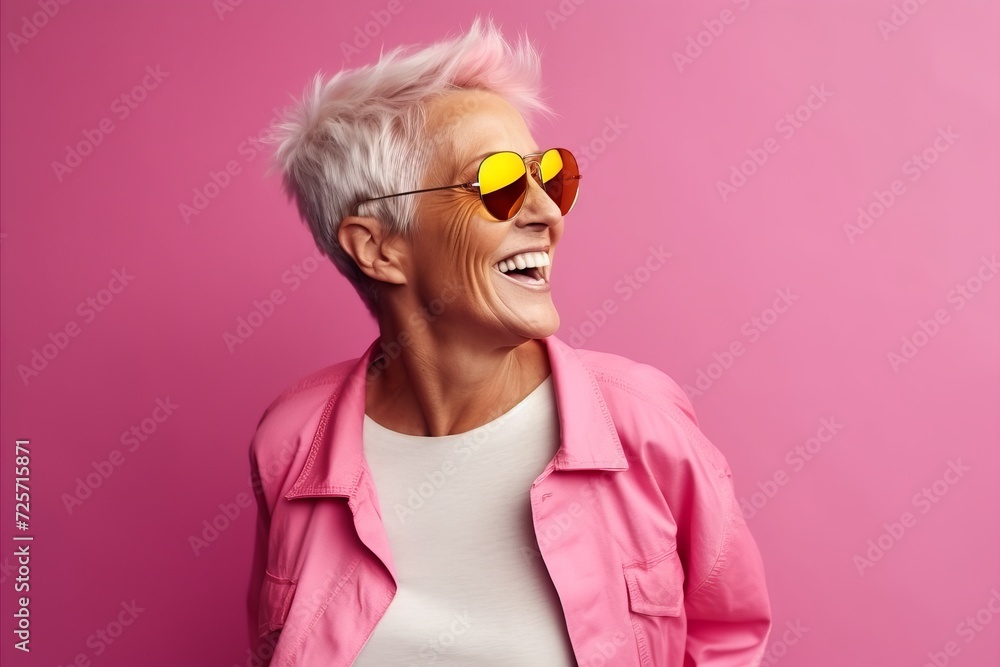 Portrait of a happy senior woman wearing sunglasses against pink background
