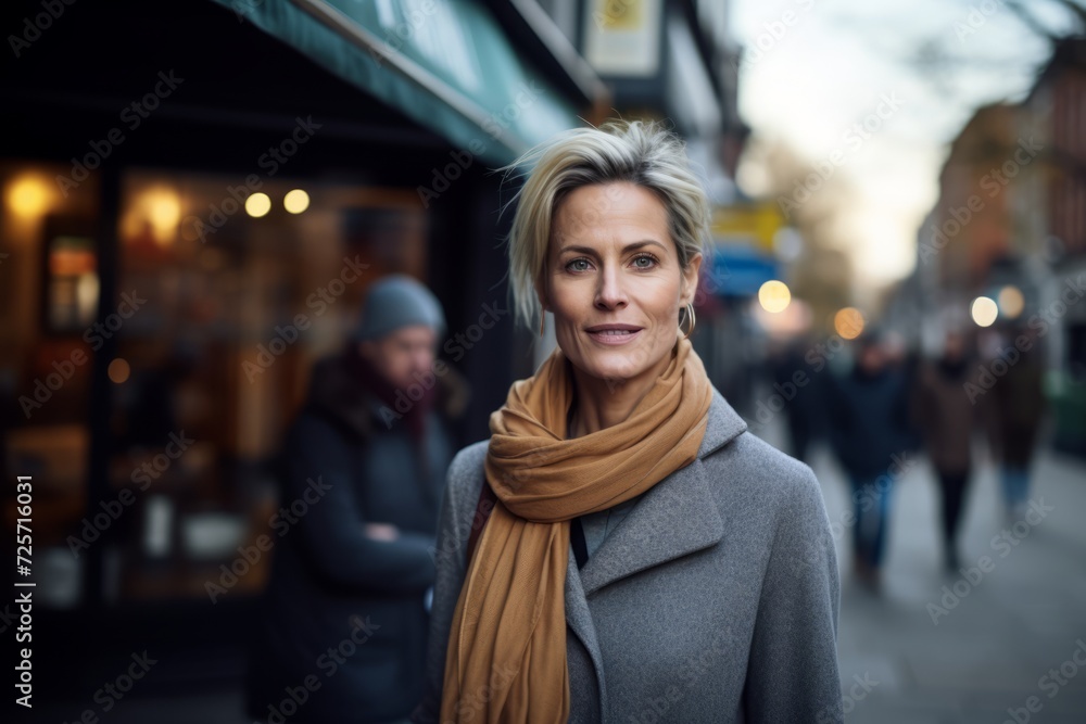 Portrait of a beautiful middle-aged woman in a coat and scarf walking in the city Portrait of a beautiful middle-aged woman in a coat and scarf walking in the city
