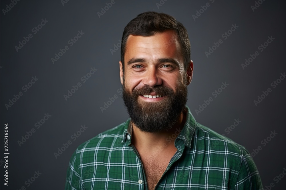 Portrait of a smiling bearded man in a green plaid shirt.