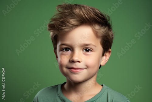 Portrait of a cute little boy on a green background. Studio shot