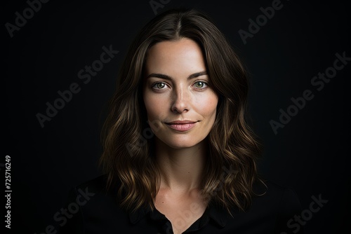 Portrait of a beautiful young woman with long brown hair on a black background.