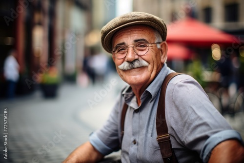 Portrait of an old man in a hat and glasses in the city. © Juan Hernandez