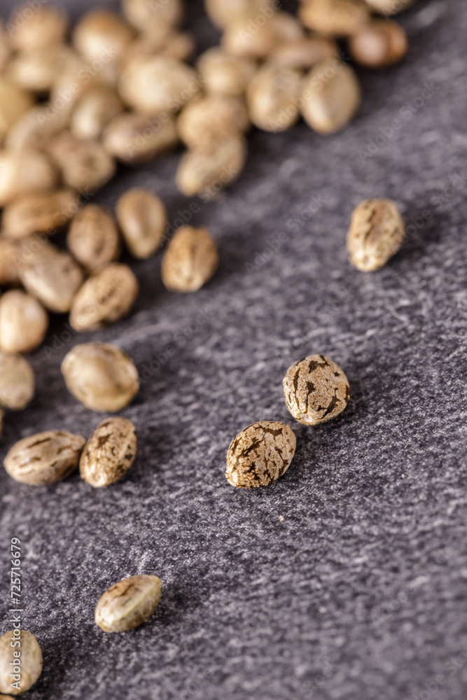 Cannabis seeds of medical hemp plant on dark stone board. Cannabis seeds of medical hemp plant on dark stone board.