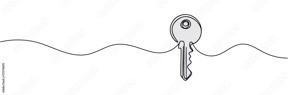 continuous one line drawing of a door key - obrazy, fototapety, plakaty 