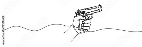Continuous line art drawing of hand holding gun. One line drawing hand holding the gun.