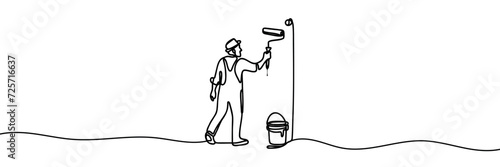 One continuous line draws a microscope drawing the wall with a roller. Vector concept illustration of home renovation, renovation, refreshment