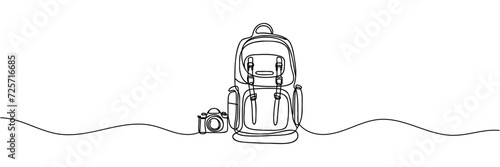 Single continuous line drawing of camping backpack for travel and tourism isolated on white background