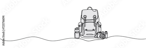 Single continuous line drawing of camping backpack for travel and tourism isolated on white background