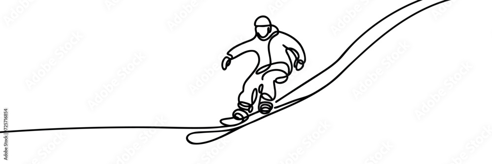 Continuous one line drawing of a snowboarder riding on a mountain