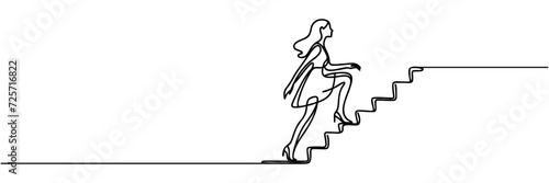 business and education concept. Woman climbing stairs continuous one line drawing.
