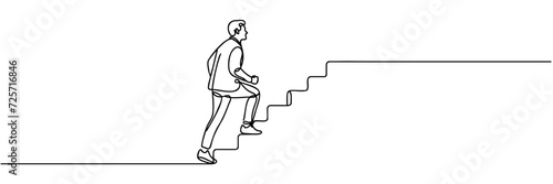 Continuous single line drawing. Businessman climbs the stairs to the goal
