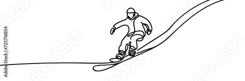 Continuous one line drawing of a snowboarder riding on a mountain