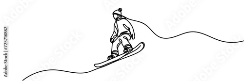 Continuous one line drawing of a snowboarder riding on a mountain