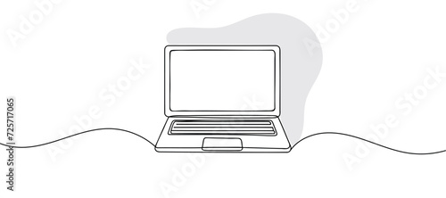 Single line continuous drawing of laptop computer laptop isolated on white background. Vector illustration.