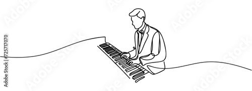 one continuous line drawing of a pianist playing a classic grand piano.