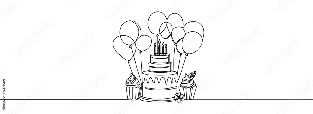 Happy Birthday Continuous One Line Drawing Of Birthday Balloon And Birthday Cake Stock Vector