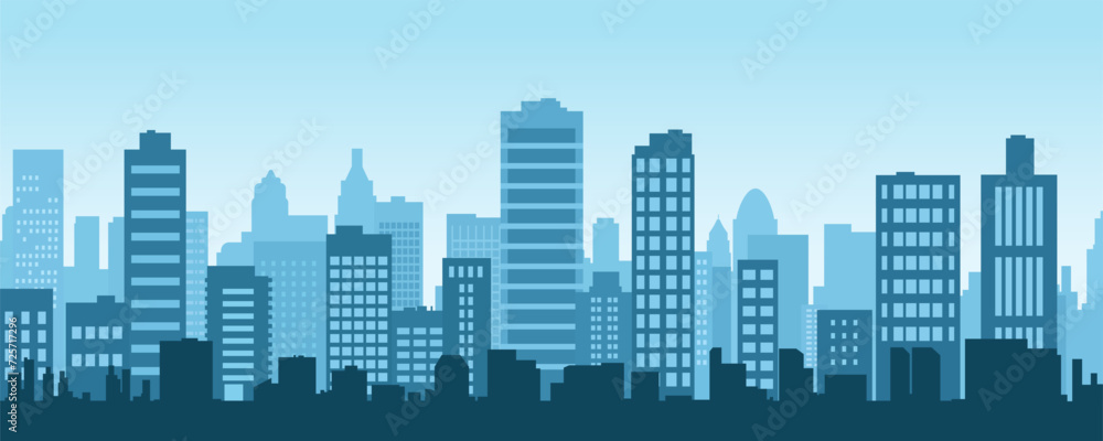 Cityscape with skyscrapers and office buildings. Panoramic landscape of the metropolis. Silhouettes of a modern city. Business district of the city. Vector illustration for design in flat style.