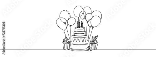 Happy Birthday continuous one line drawing of birthday balloon and birthday cake.