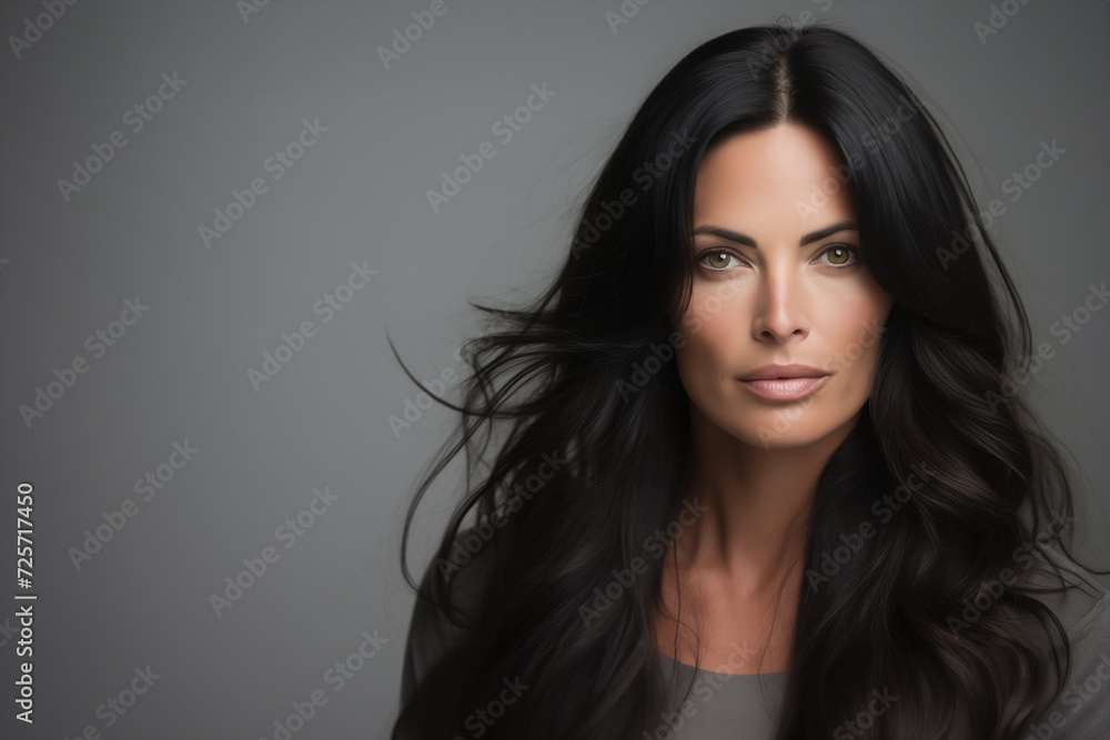 long-haired middle-aged brunette on a gray background long-haired middle-aged brunette on a gray background