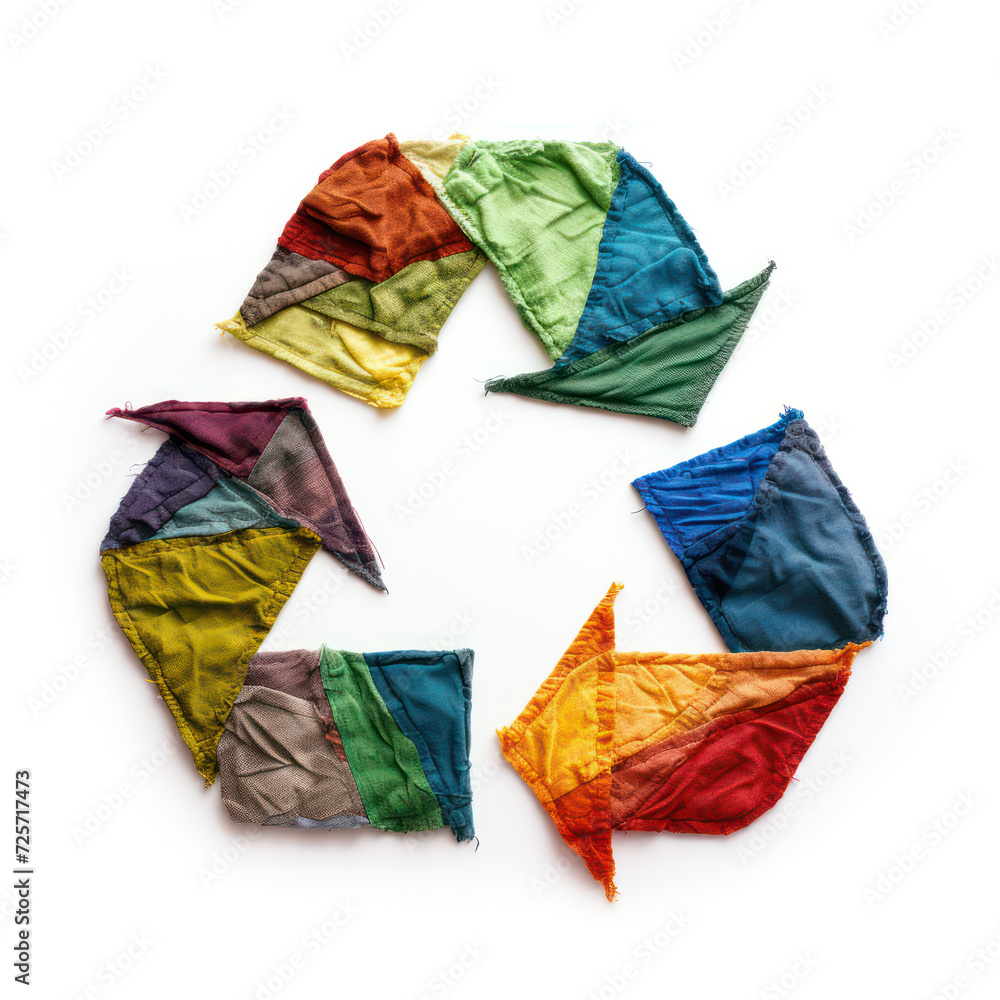 A creative recycling symbol composed of multicolored textile pieces on a white background