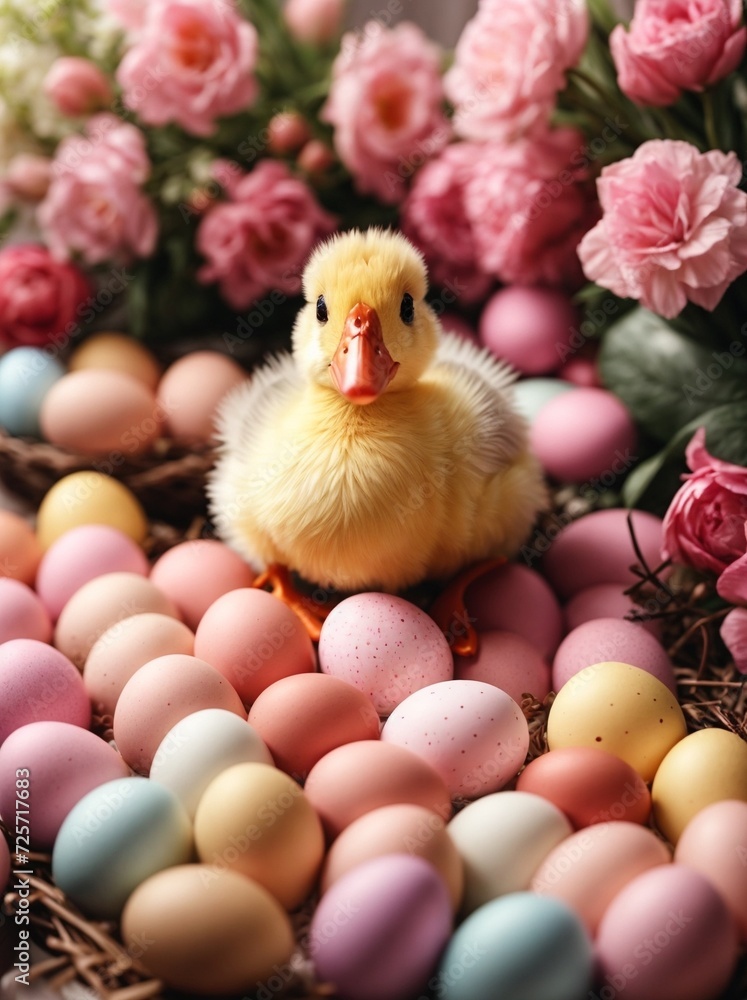 Cute Yellow duckling with easter eggs and flowers