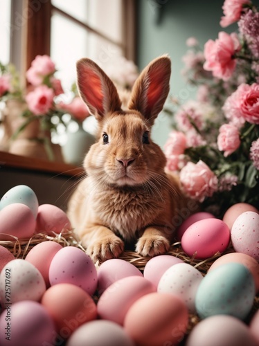 easter bunny and easter eggs and pink flowers