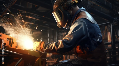 A welder is working on iron work. The atmosphere of a welding workshop, with the light of burning electrodes.