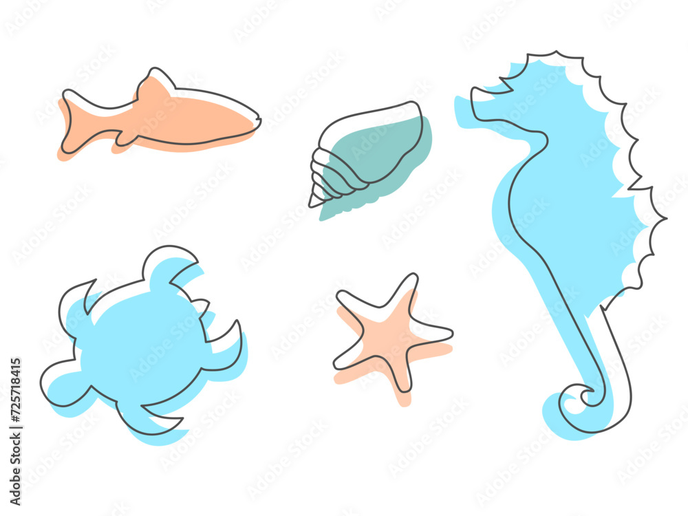 Colorful simple marine animals icons in line art style. Seahorse, starfish, turtle, fish and shells Colorful simple marine animals icons in line art style. Seahorse, starfish, turtle, fish and shells